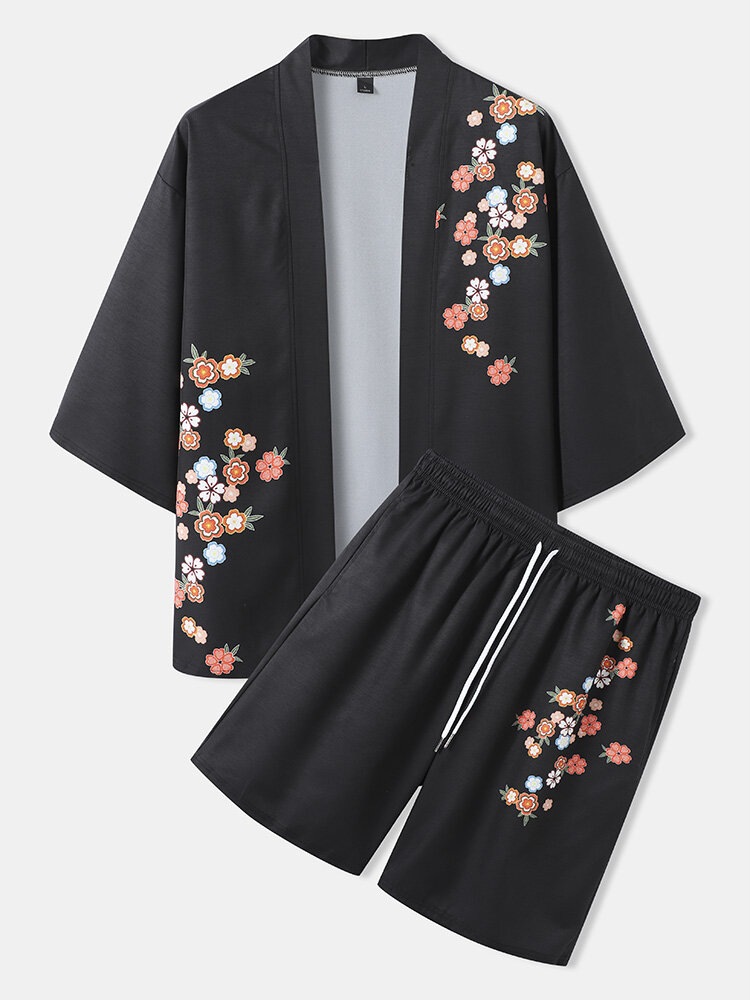Mens Floral Print Open Front Kimono Two Pieces Outfits
