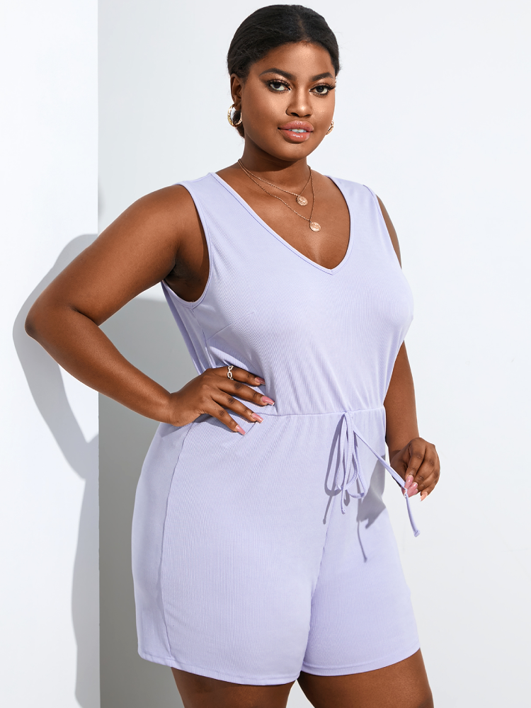 Solid Sleeveless Knotted V-neck Plus Size Jumpsuits