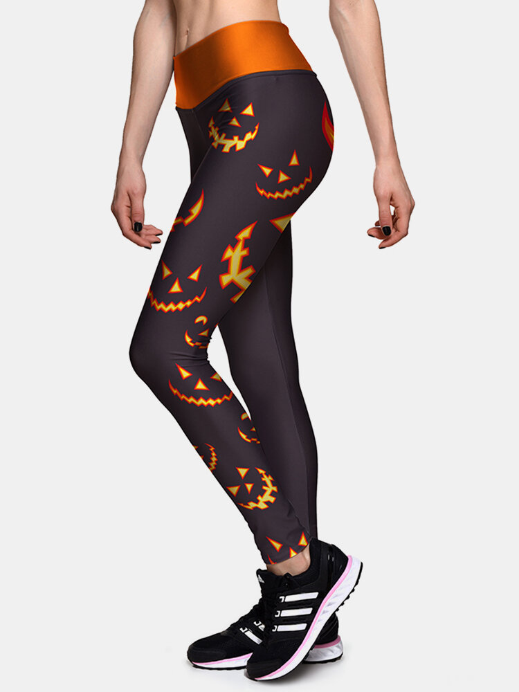 Women Funny Halloween Pumpkin Print Slim Breathable High Waist Stretch Sport Pants
