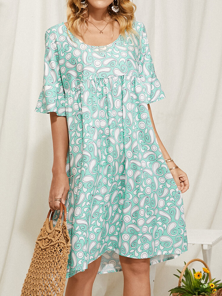 Summer Holiady Loose Half Sleeve O-neck Print Dress for Women