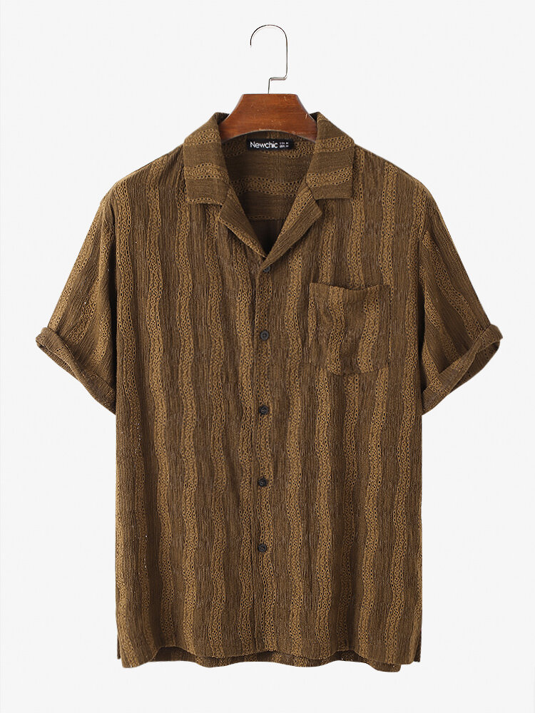 قميص رجالي بياقة ريفير مقلم بقماش قطني 100٪ قمصان بأكمام قصيرة للعطلات