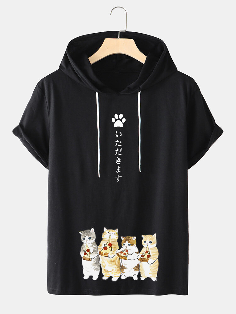 Mens Japanese Cute Cat Print Short Sleeve Drawstring Hooded T-Shirts