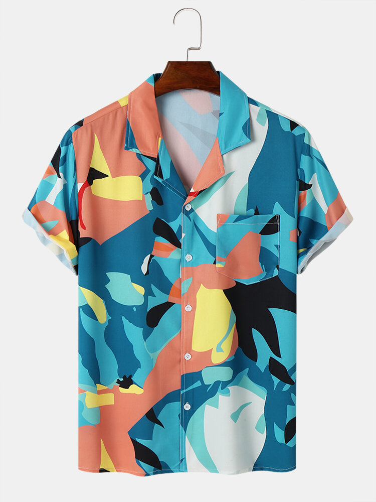 Mens Abstract Color Block Print Chest Pocket Short Sleeve Shirts