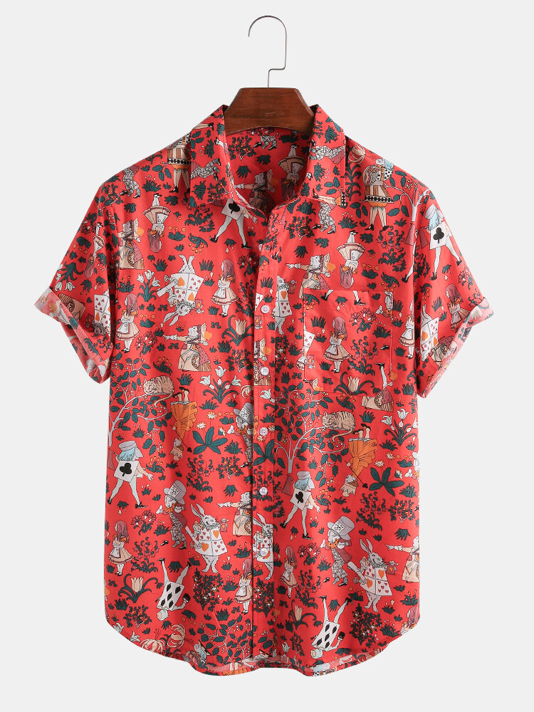 Mens 100% Cotton Floral Printed Breathable Casual Short Sleeve Shirt
