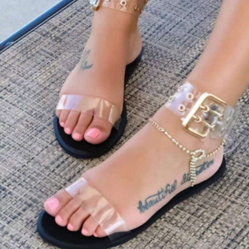 Big Size Women Summer Transparent Ankle Strap Buckle Flat Sandals