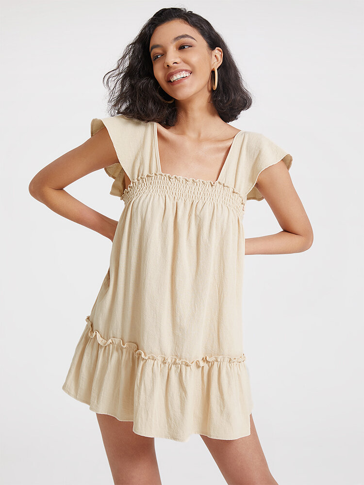 Solid Backless Bow Shirred Ruffle Trim Casual Dress