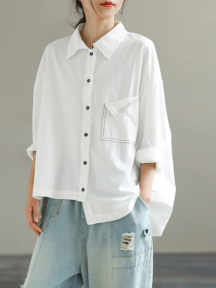 Asymmetrical Hem Contrast Pocket Button Loose Lapel Shirt