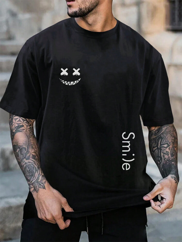 

Mens Funny Smile Letter Print Crew Neck Casual Short Sleeve T-Shirts Winter, Black