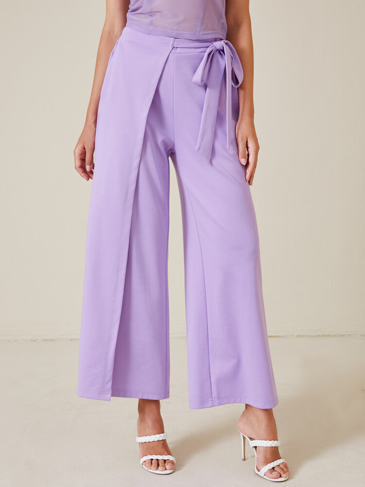 Solid Pocket Knotted Stitch Wide Leg Pants For Women
