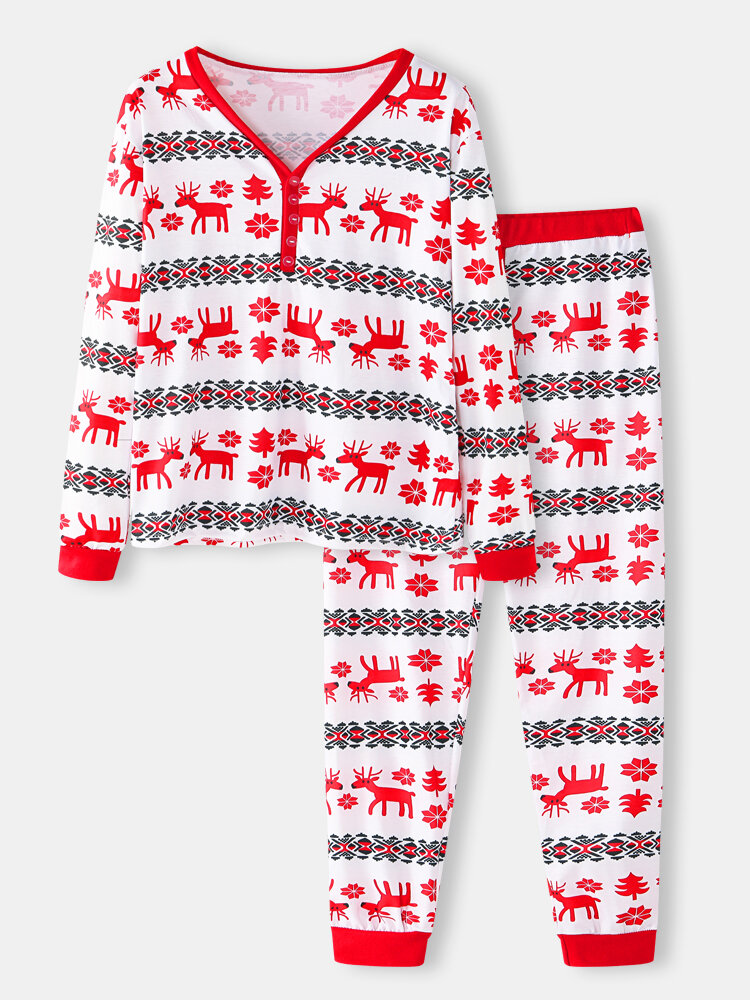 Women Christmas Elk Print V-Neck Long Sleeve Loose Sleepwear Button Home Pajamas Set