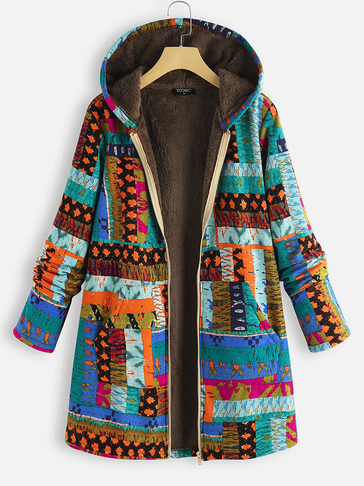 Винтаж Флисовое  длинное пальто женское с принтом и карманом на молнии