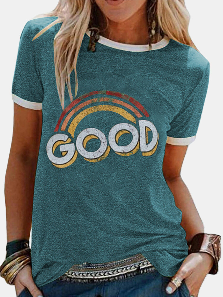 Rainbow Letter Printed Patchwork O-Neck T-shirt