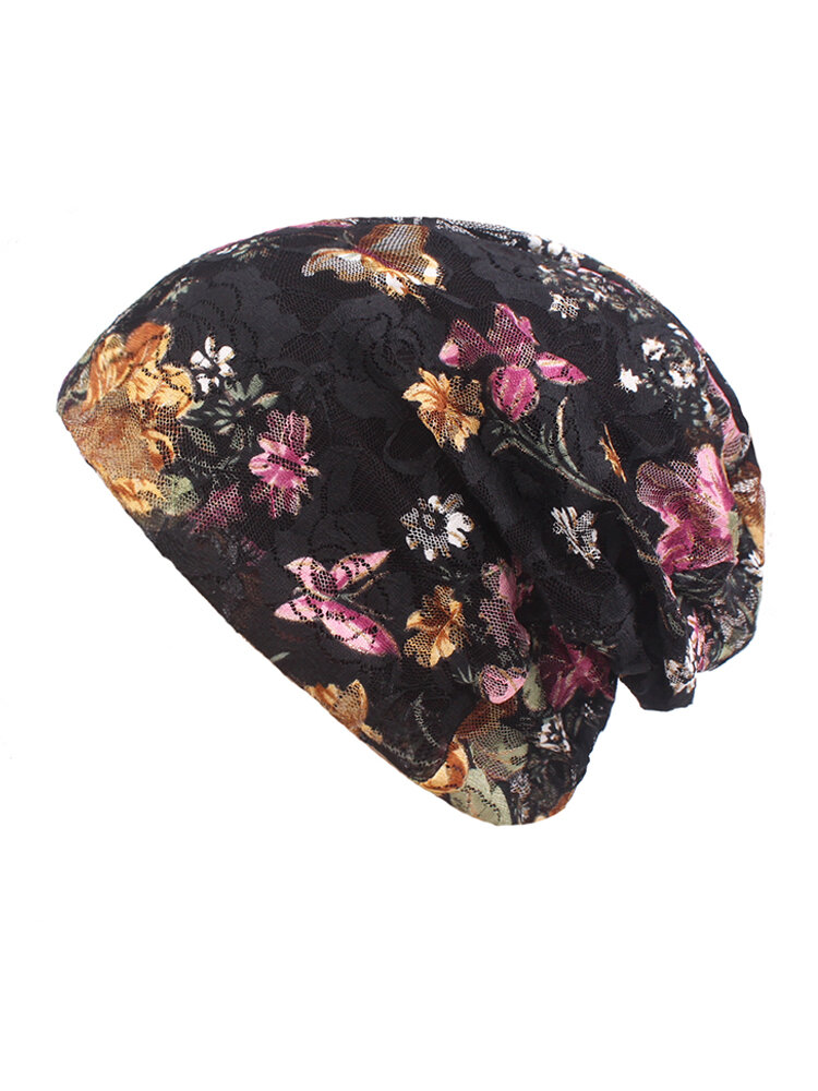 Women Flowers Ethnic Cotton Lace Beanie Hat Vintage Good Elastic Breathable Summer Turban Caps