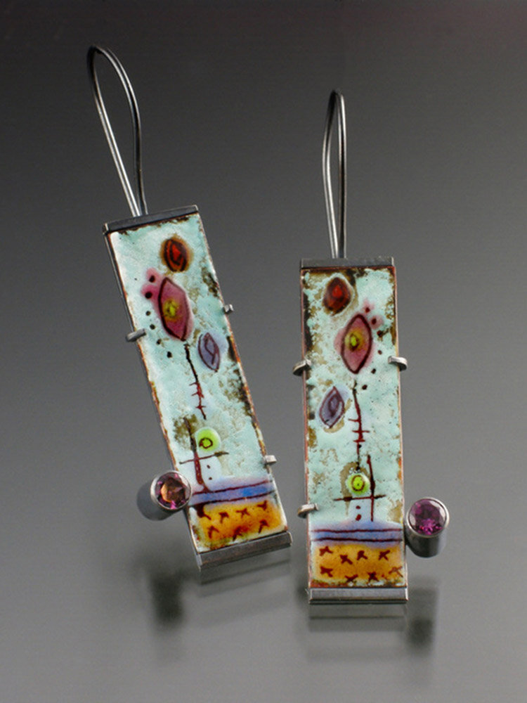 Vintage Metal Rectangular Painted Flower Enamel Earrings