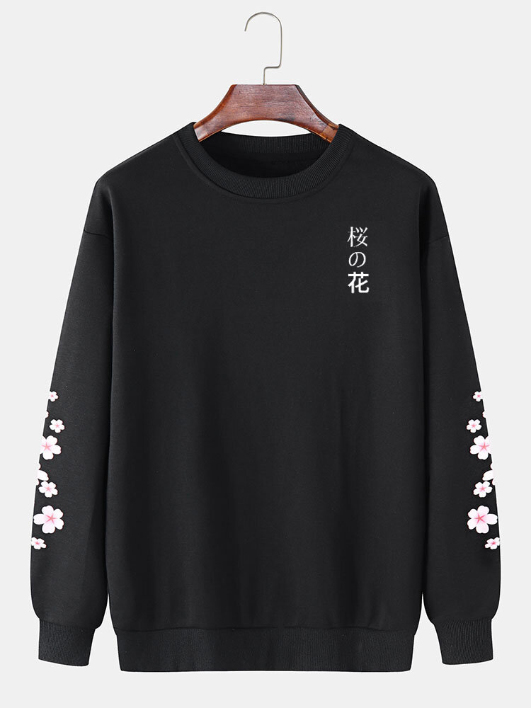 Mens Japanese Character Floral Print Crew Neck Cotton Pullover Sweatshirts