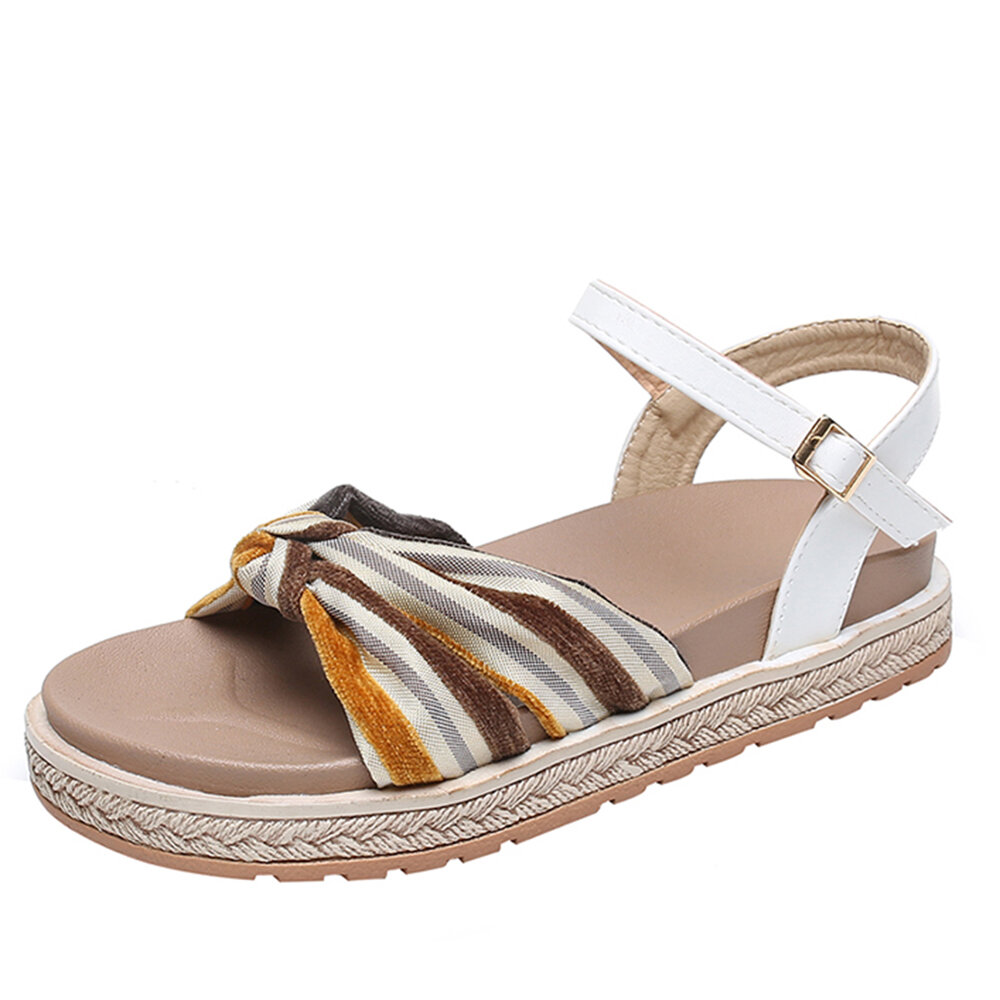 Colorful Stripe Bowknot Opened Toe Buckle Strap Casual Sandals