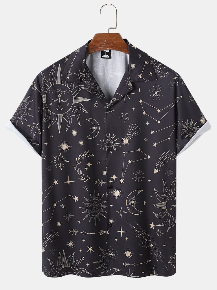 Mens Celestial Starry Sky Print Revere Collar Street Short Sleeve Shirts