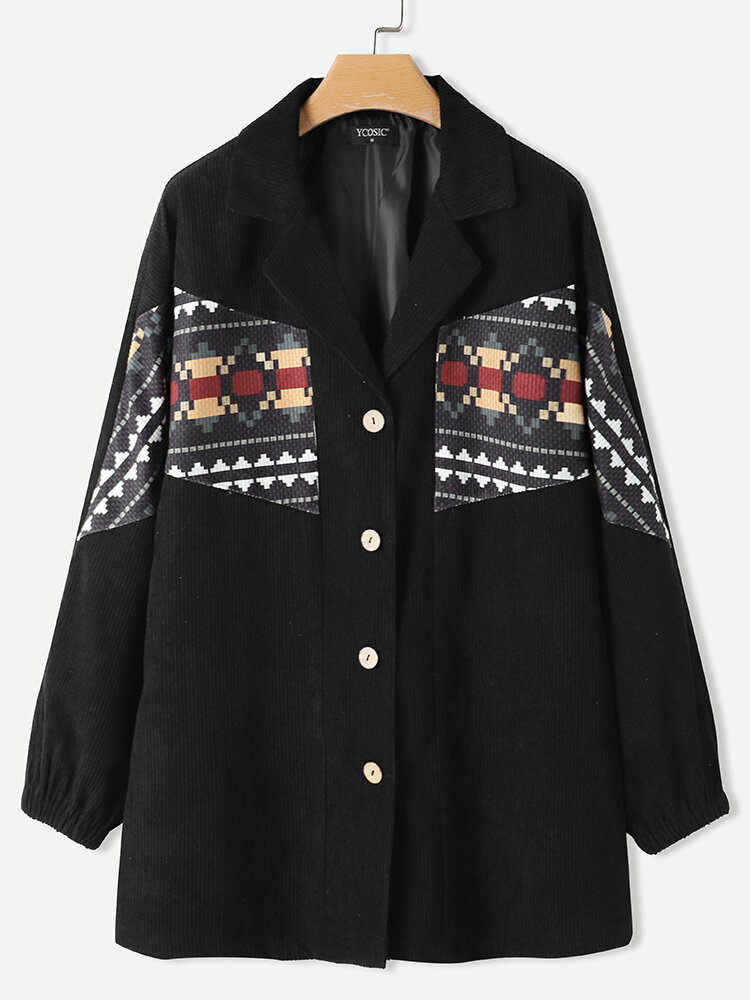 Jaqueta casual estampada com botão de patchwork estampado Padrão geométrico Padrão