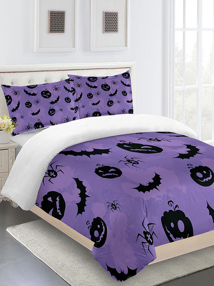 3PCs Polyester Fiber Spider Bat Pumpkin Halloween Horror Series Bedroom Decoration Bedding Set Cushion Cover Quilt Cover