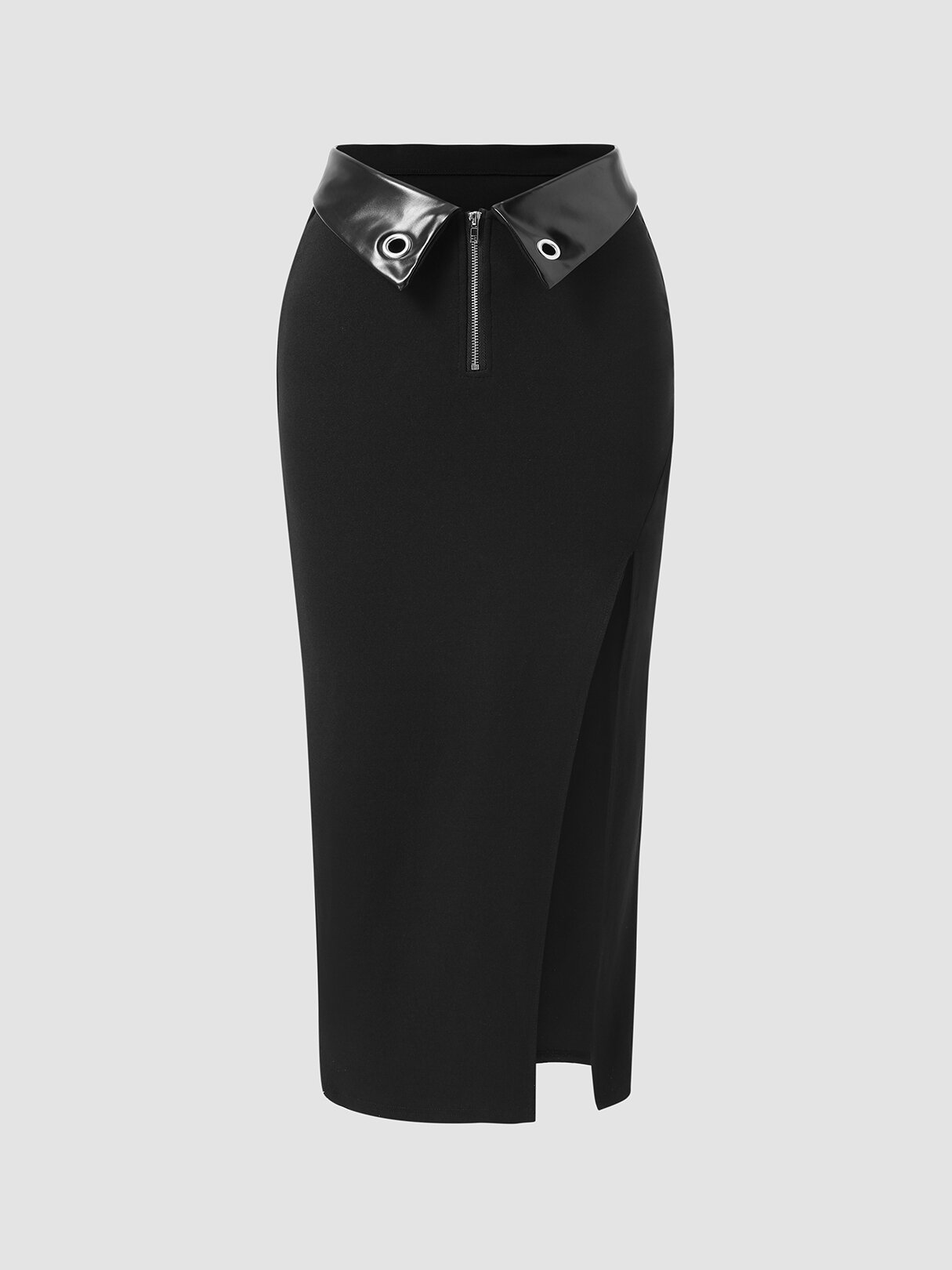 High Waist Solid Slit Zip Front Skirt