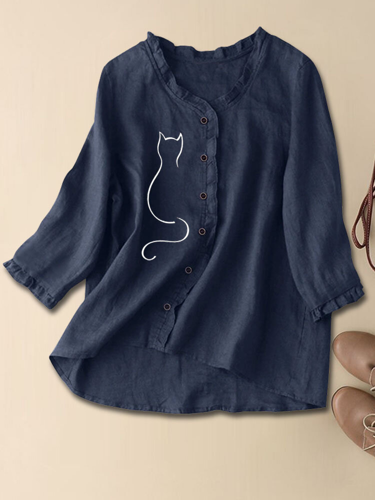 

Women Line Drawing Cat Print Button Front Cotton Blouse, Dark blue