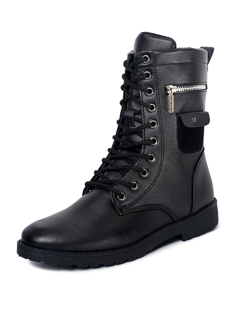 

Men Zipper Lace Up Comfy Microfiber Leather Warm Tooling Combat Boots, Black;black(plush lining)