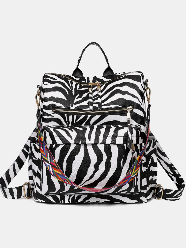 Women PU Leather Zebra Cow Pattern Printed Multi-Carry Backpack Shoulder Bag