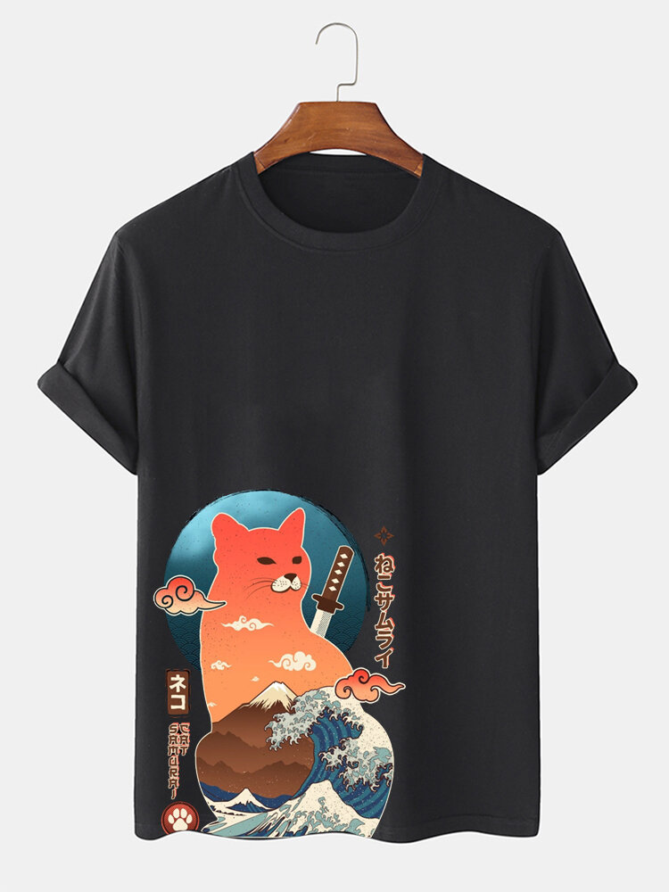 Mens Japanese Warrior Cat Wave Print Crew Neck Short Sleeve T-Shirts Winter