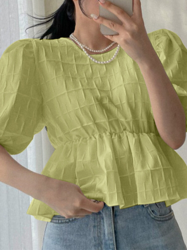 

Puff Sleeve Textured Solid Crew Neck Women Blouse, Green;yellow;pink