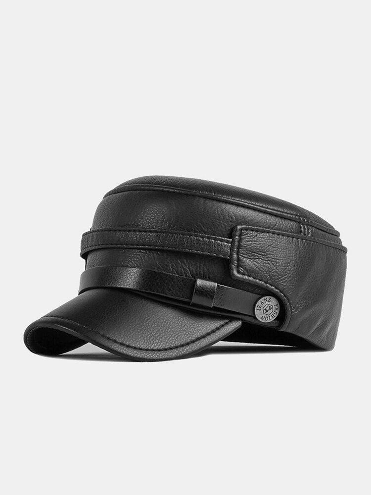 Men PU Solid Color Letter Metal Label Curved Brim Ear Protection Warmth Vintage Casual Military Cap Flat Cap
