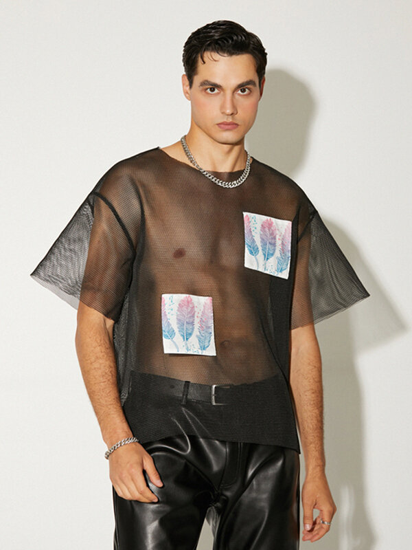 Mens Sexy See Through Feather Patchwork T-Shirt