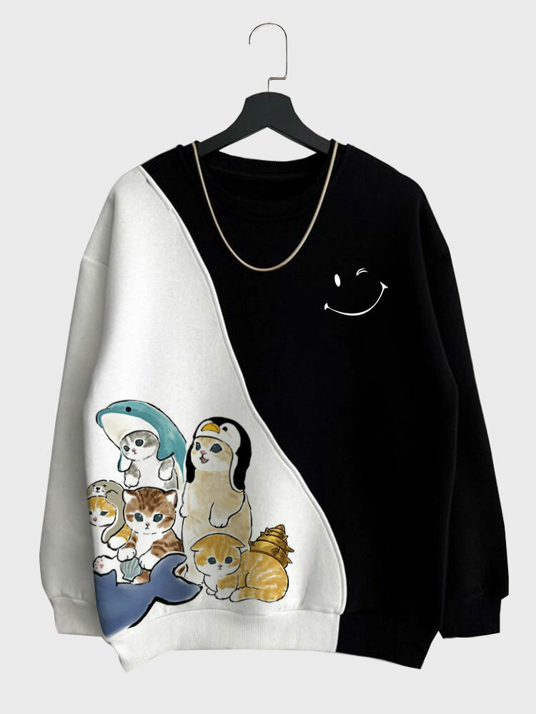 Mens Smile Cartoon Cat Print Patchwork Crew Neck Pullover Sweatshirts Winter