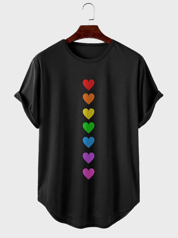 Camisetas masculinas de manga curta com estampa de corações Colorful com bainha curva