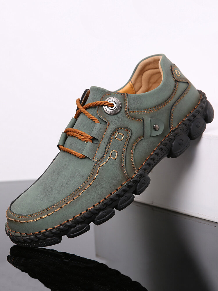 Men Hand Stitching Leather Non Slip Wearable Soft Sole Casual Shoes
