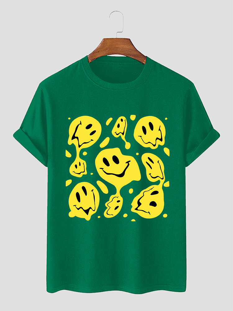 

Mens Funny Smile Face Print Crew Neck Short Sleeve T-Shirts, Green
