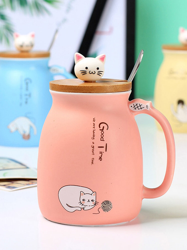 500 ml Keramik-Kaffeetasse mit schönem Katzenmuster, Wasserbecher mit Deckel