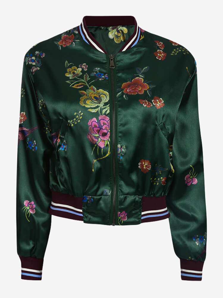 Vintage Floral Print Stand Collar Zipper Jacket For Women