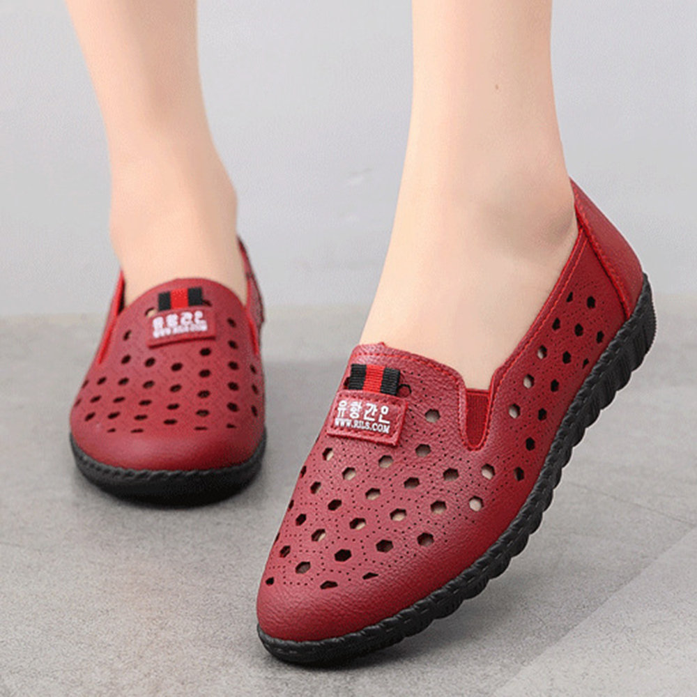 Hollow Out Solid Color Soft Sole Casual Flat Shoes