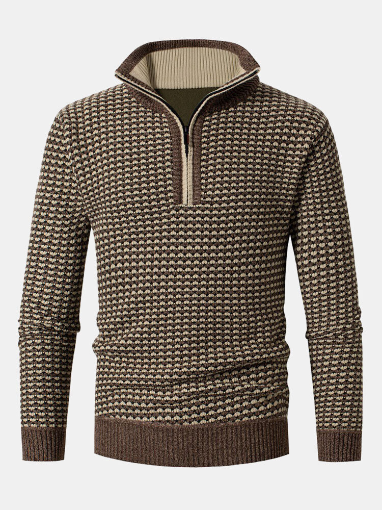 Mens Knitted Jacquard Stand Collar Zipper Design Casual Pullover Sweaters