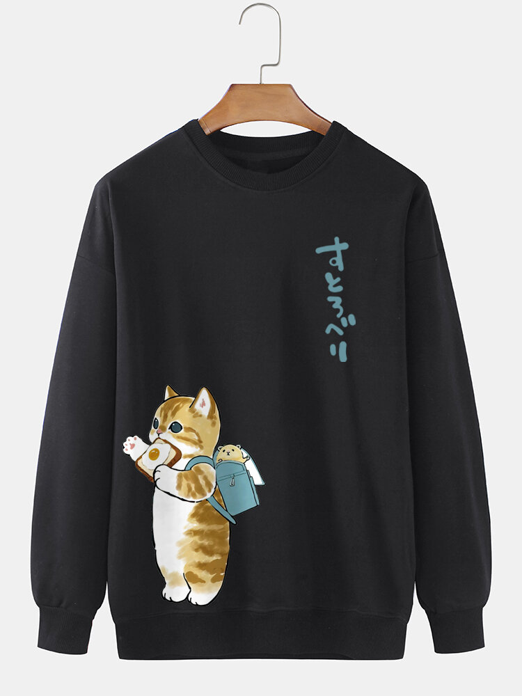 Mens Cute Cat Japanese Print Daily Pullover Sweatshirts