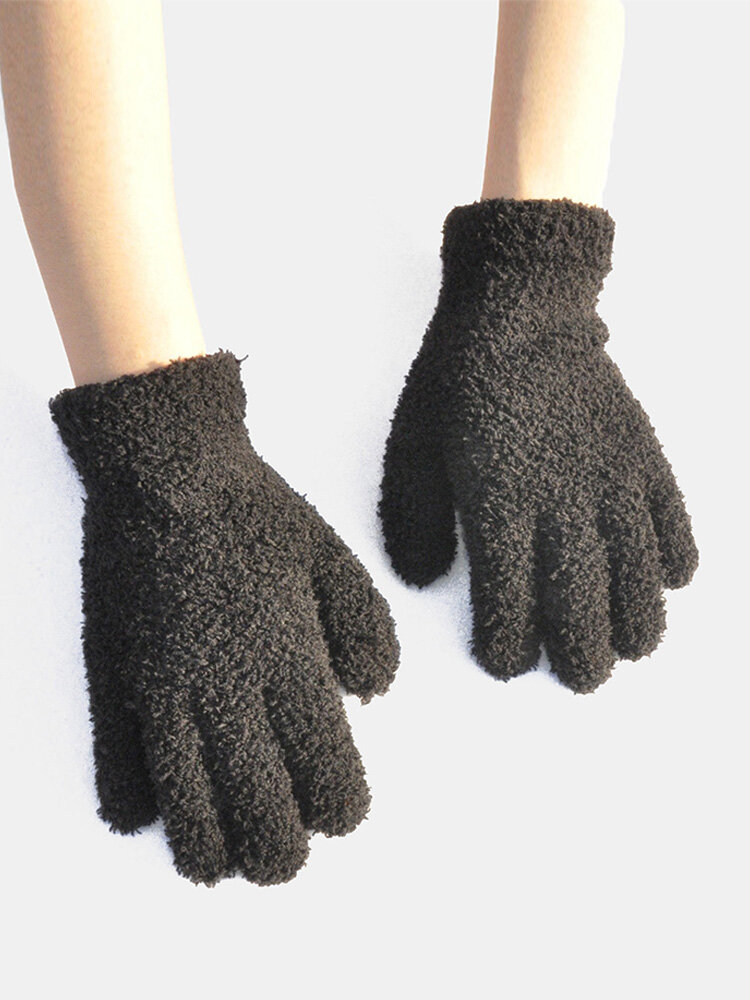 Unisex Coral Fleece Knitted Solid Color Thickened Warmth Full Finger Gloves