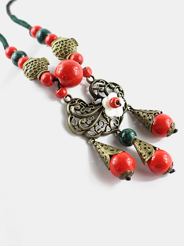 Ethnic Necklace Ceramic Drop Tassel Handmade Vintage Shell Flower Fish Beads Charm Pendant Chain