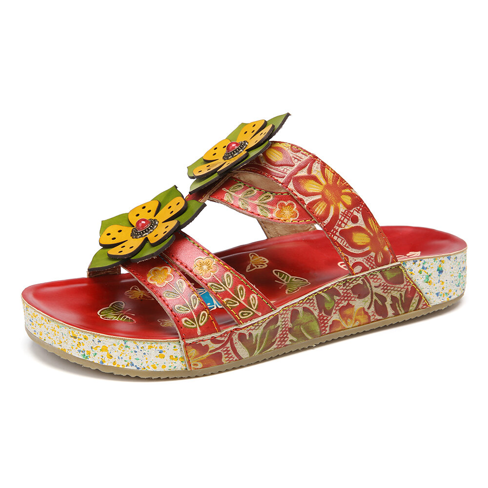 SOCOFY Bohemia Handmade Leather Floral Strap Slip on Flat Slides Sandals