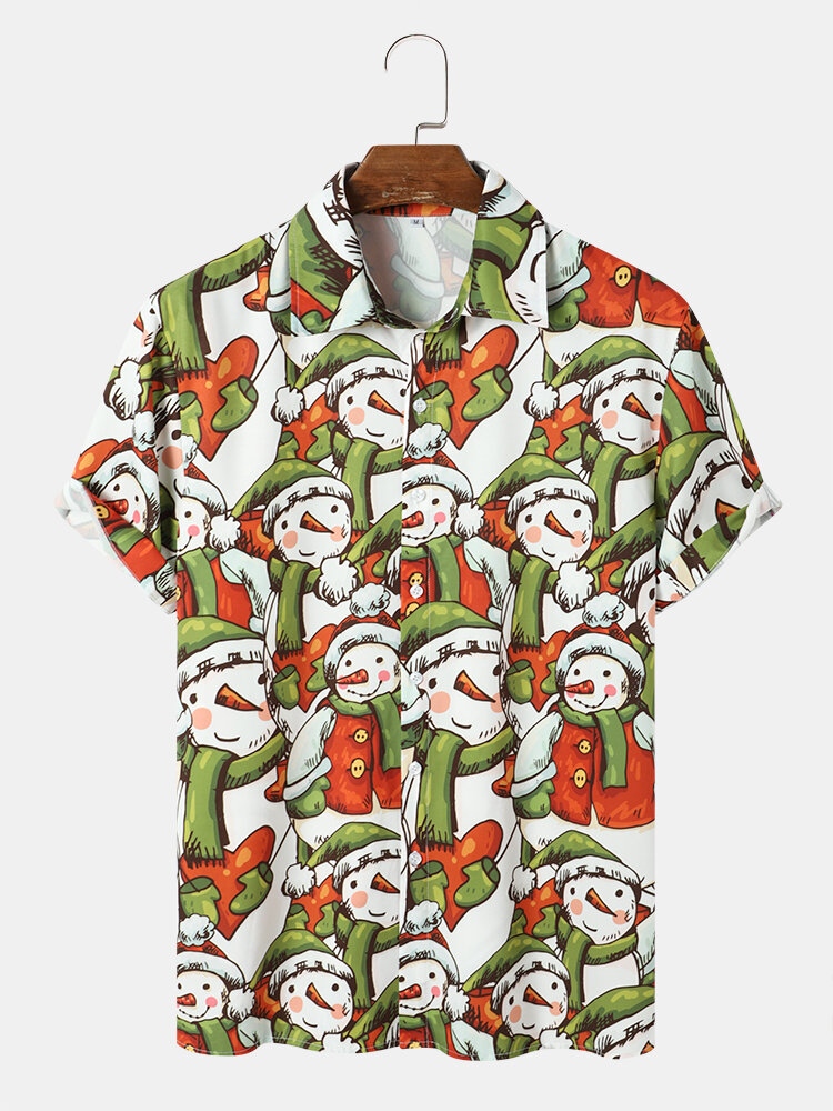 Mens Christmas Allover Snowman Printed Button Holiday Short Sleeve Shirts