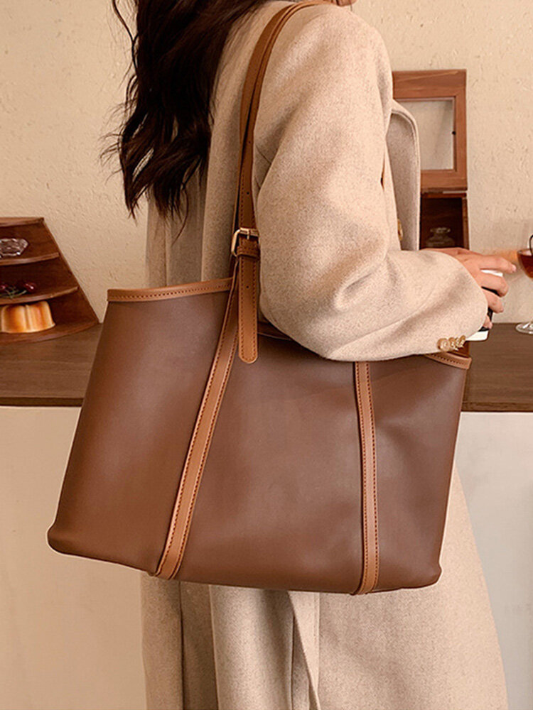 PU Leather Vintage Large Capicity Tote Bag Contrast Color One Shoulder Handbag