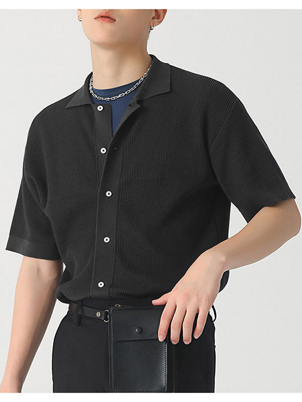 

Mens Ribbed Knit Lapel Collar Button Shirt, Black;white;coffee