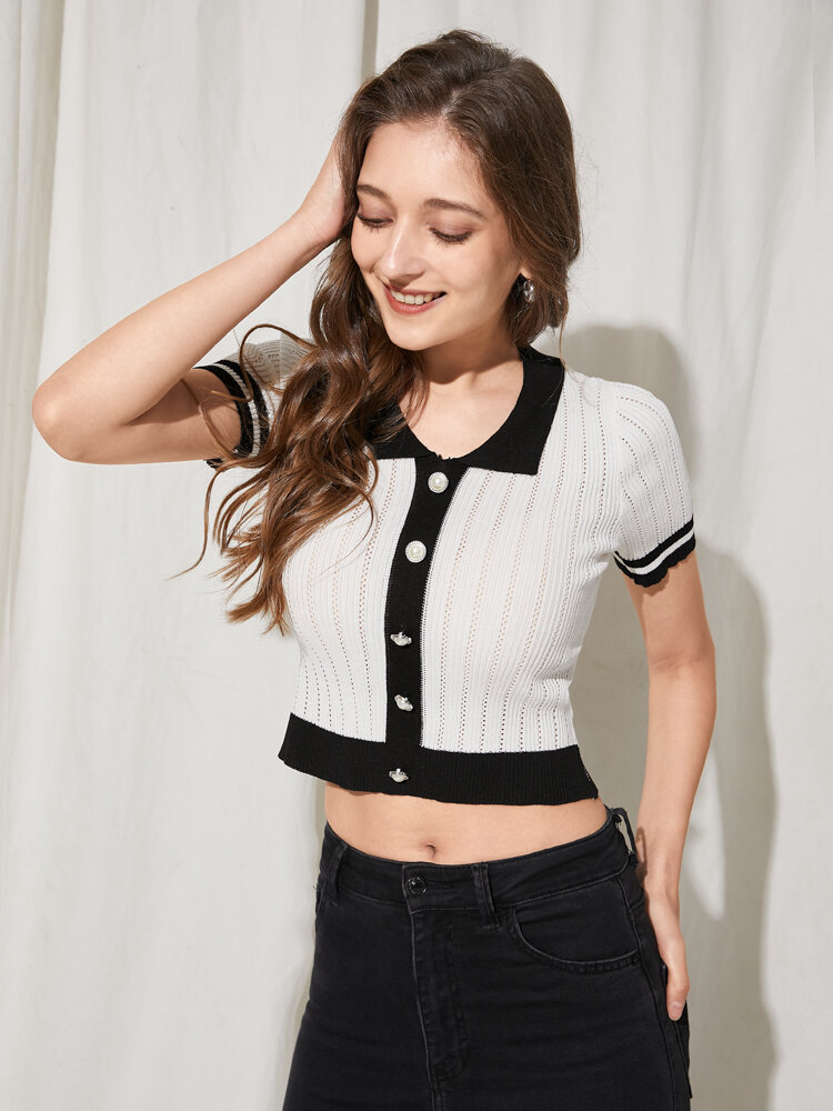 Contrast Color Hollow-out Single Breasted Lapel Collar Crop T-shirt