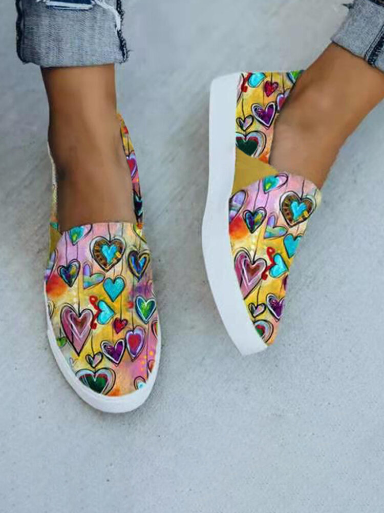 Women Fashion Heart Print Comfy Flats Casual Slip On Canvas Sneakers
