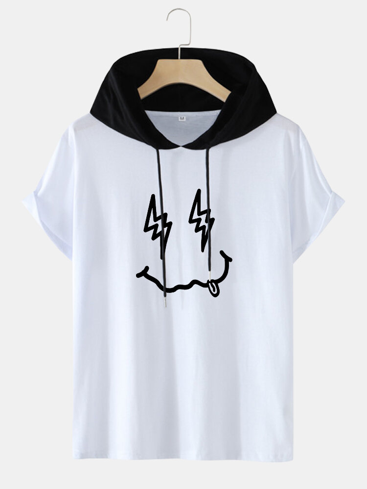 Mens Funny Face Print Contrast Casual Short Sleeve Hooded T-Shirts