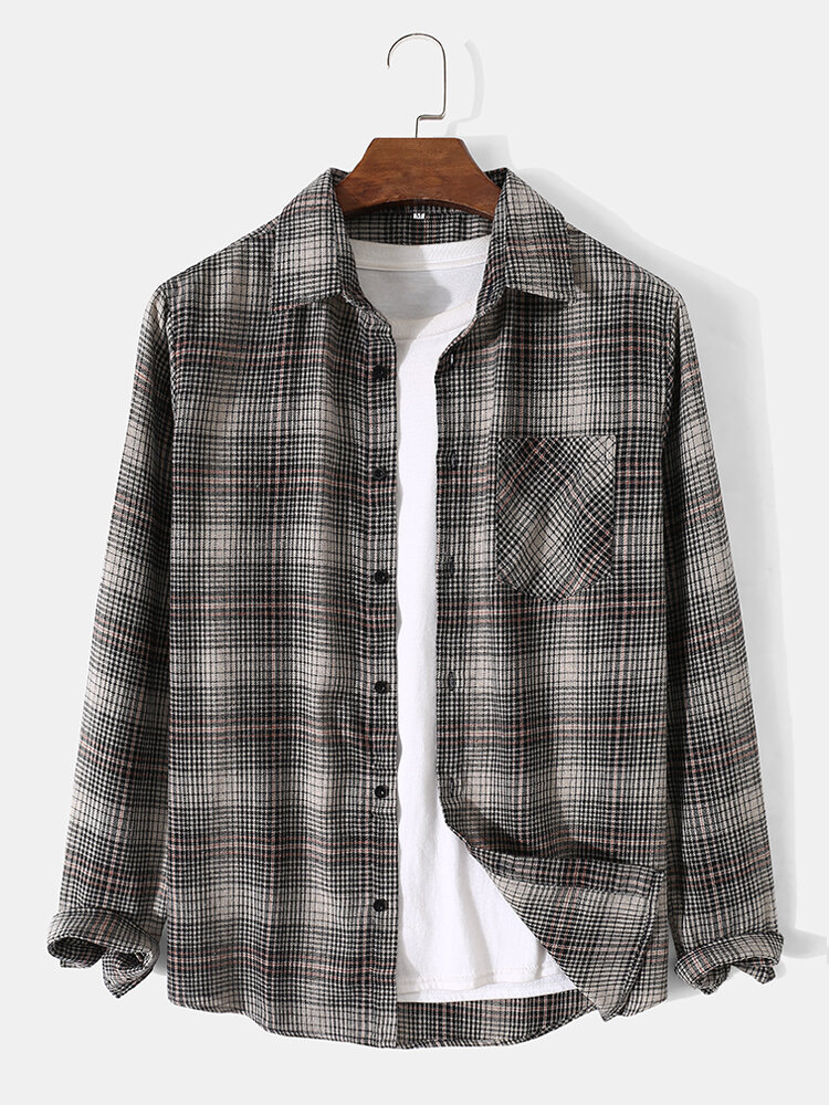 Mens Plaid Lapel Button Up Casual Long Sleeve Shirts With Pocket